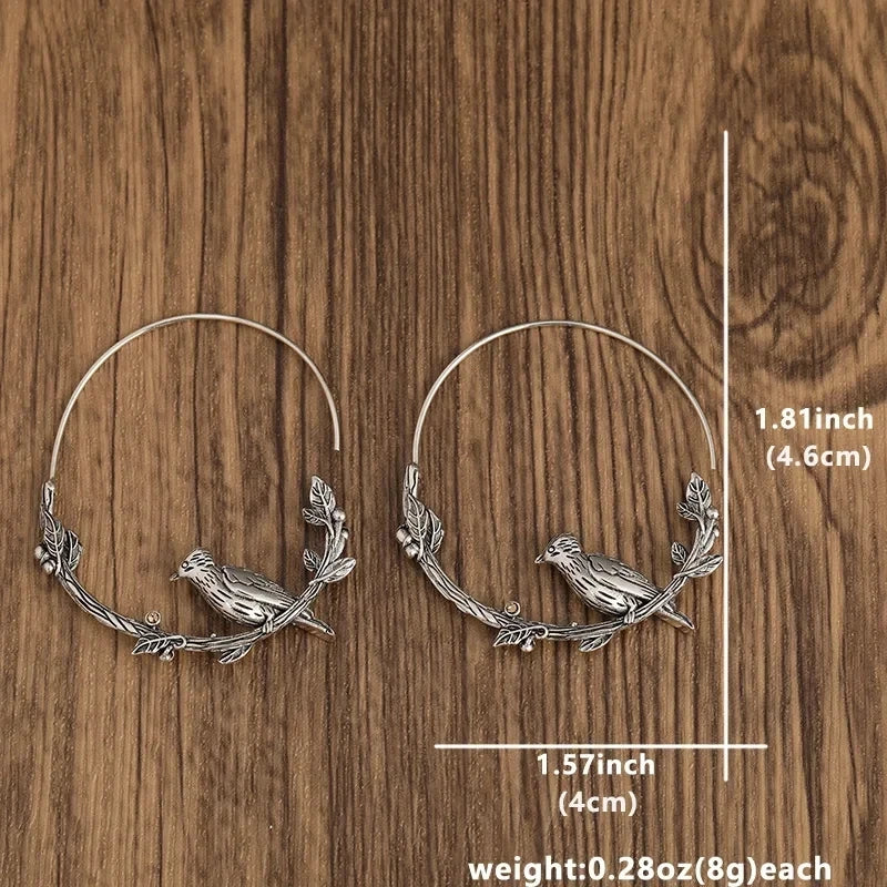 Vintage Bird Leaf Hoop Earrings