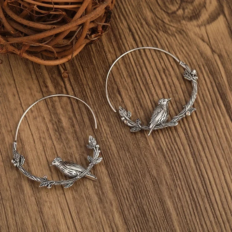 Vintage Bird Leaf Hoop Earrings