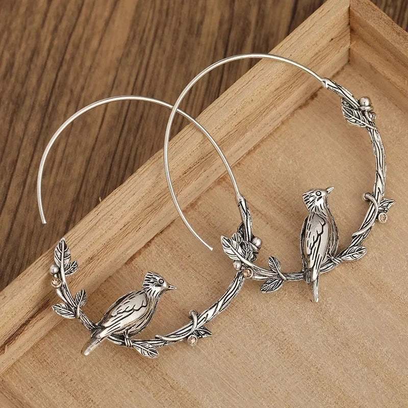 Vintage Bird Leaf Hoop Earrings