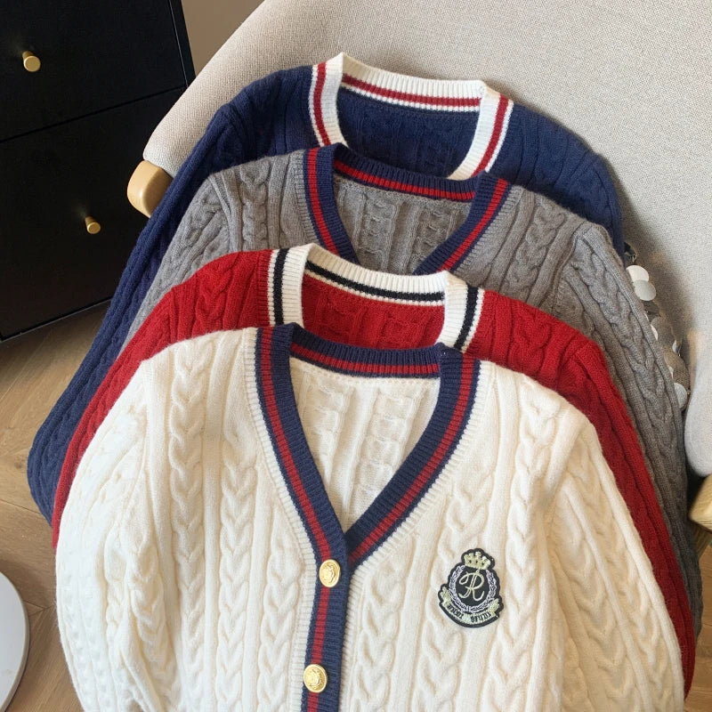 Knit Cotton V Neck Cardigan With Web