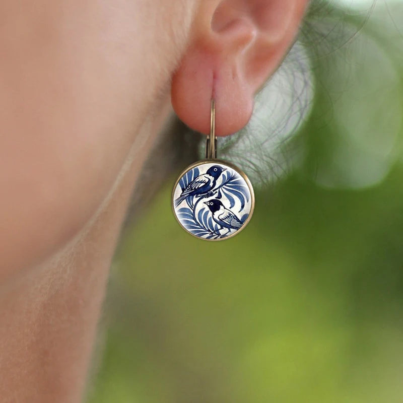 Vintage Blue Magpie Bird Earrings
