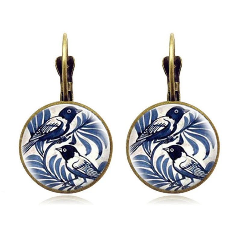 Vintage Blue Magpie Bird Earrings