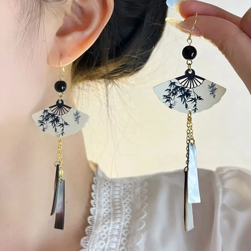 Steel Fan Tassel Earrings