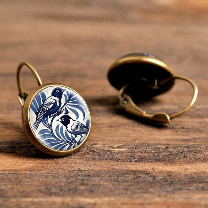 Vintage Blue Magpie Bird Earrings