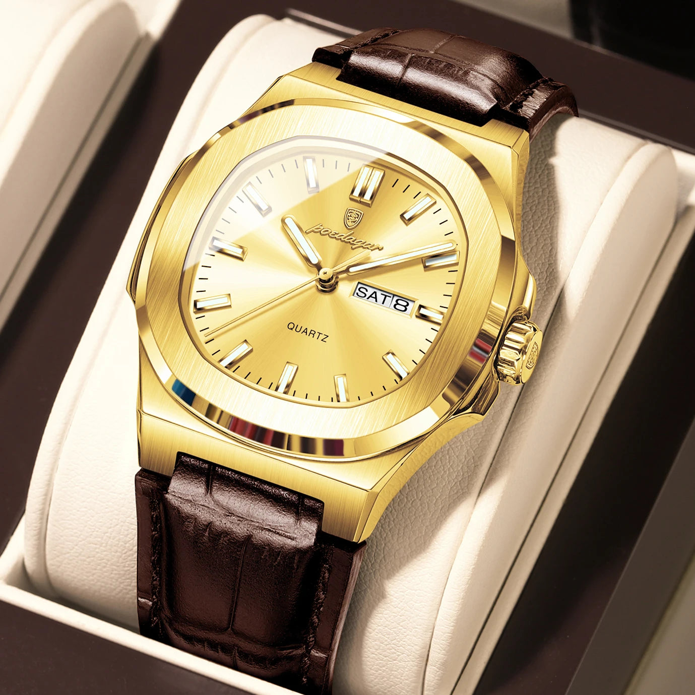 POEDAGAR LEATHER STRAP LUXURY WATCH