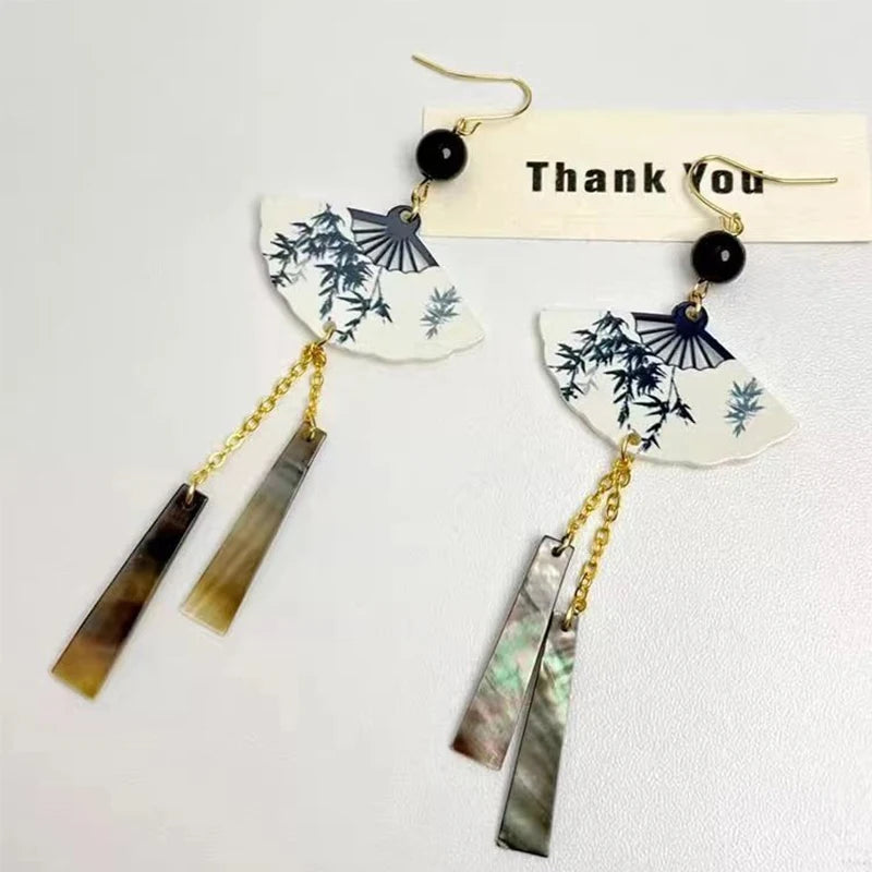 Steel Fan Tassel Earrings