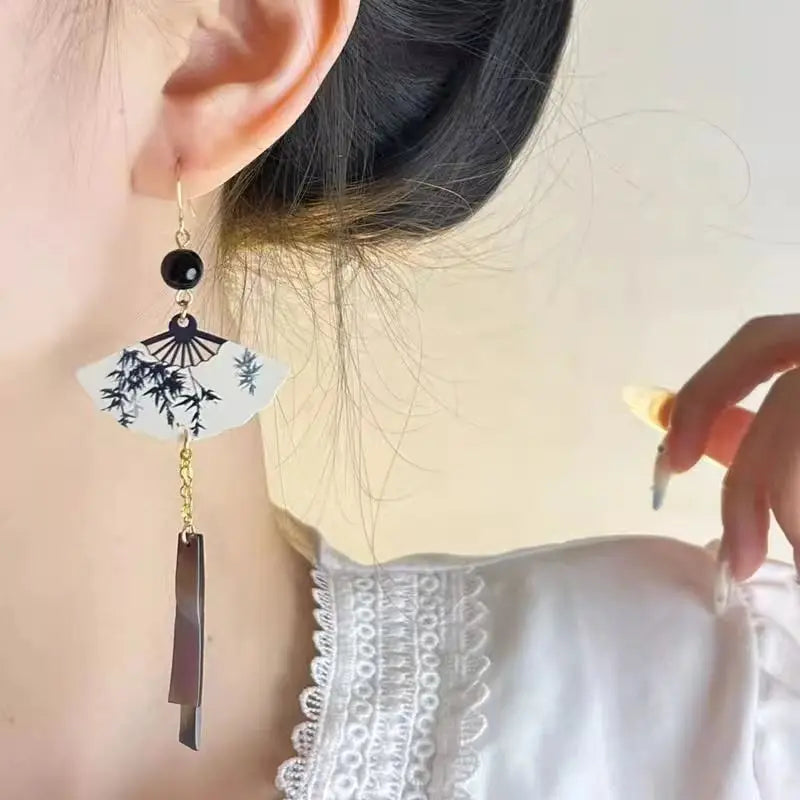 Steel Fan Tassel Earrings