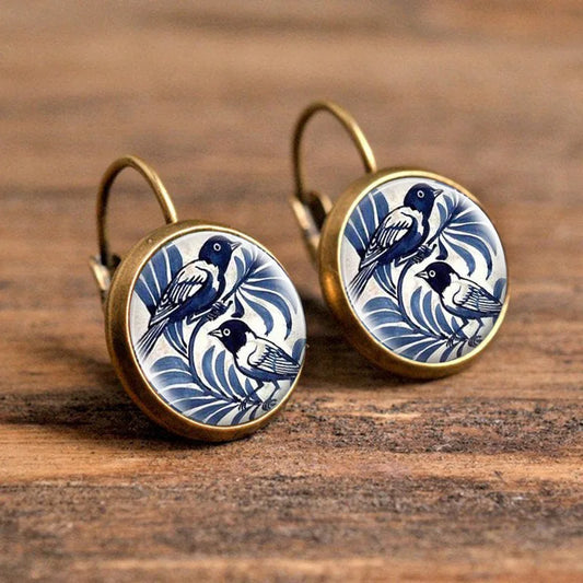 Vintage Blue Magpie Bird Earrings