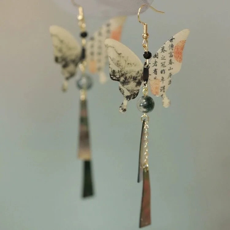 Steel Fan Tassel Earrings