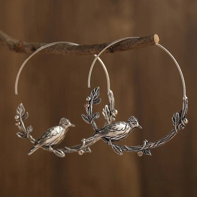 Vintage Bird Leaf Hoop Earrings