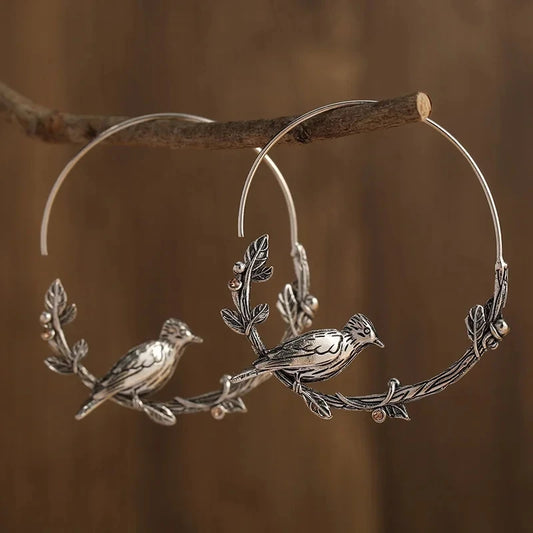 Vintage Bird Leaf Hoop Earrings